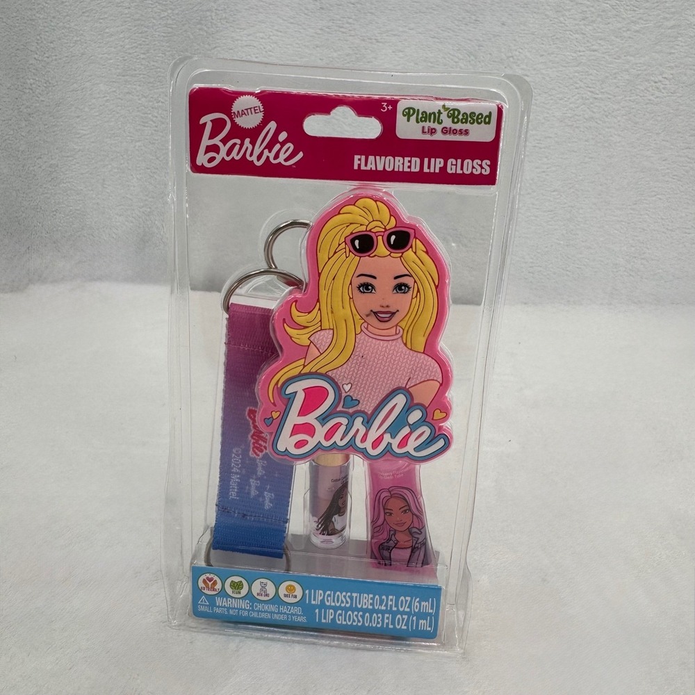 New Barbie Lip Gloss & Keychain Set Pink Strawberry Cotton Candy Plant Based